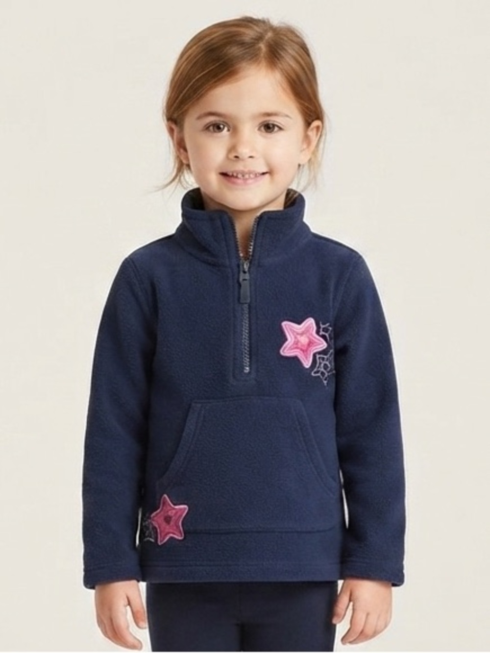 Sears Kids Vintage Navy Fleece Pullover w Quarter Zip & Pink Embroidered Stars 4